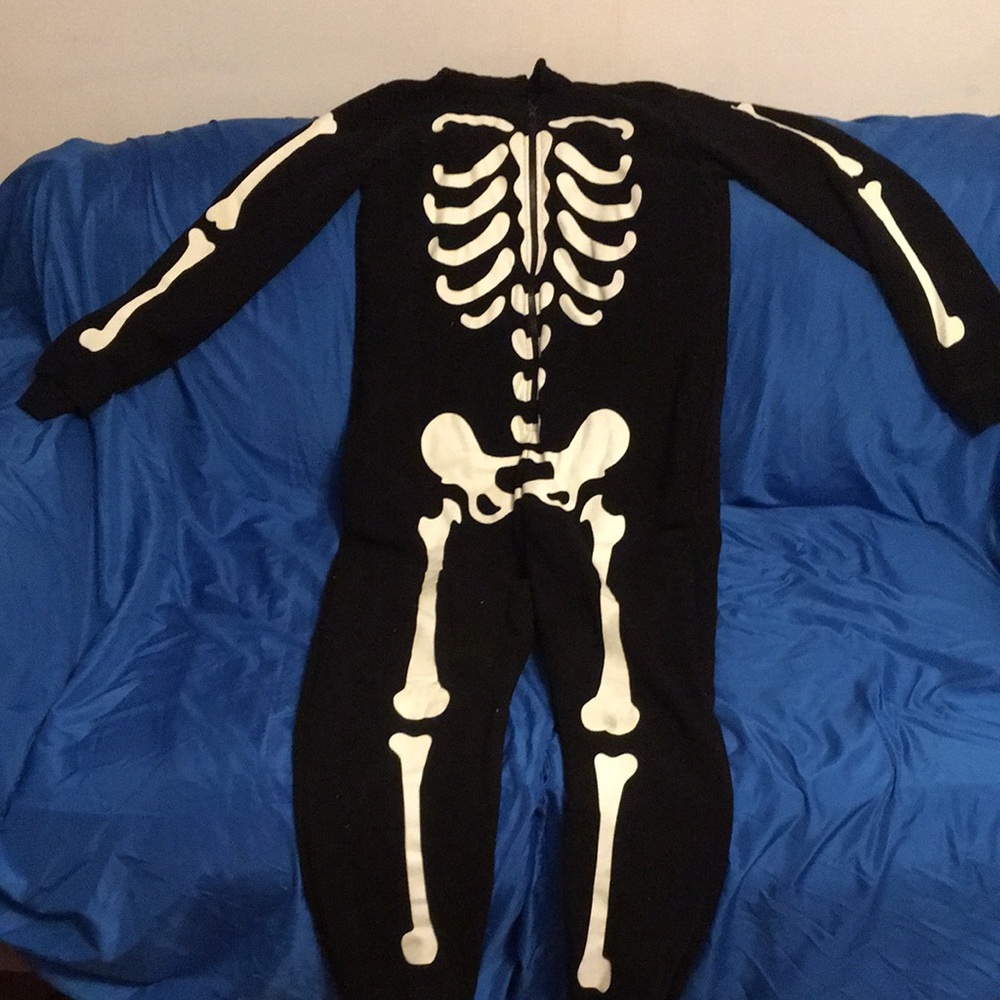 Skeleton Print Fleece Hooded Zipper Black Onesie/Pajamas/Costume